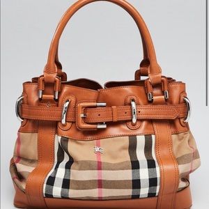 Burberry Brown Leather Canvas Shoulder Bag